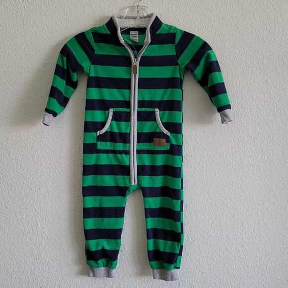 CARTER'S Jumpsuit Sleeper Striped Fleece Zippered Velour Sherpa Size 24M Navy - Picture 1 of 8